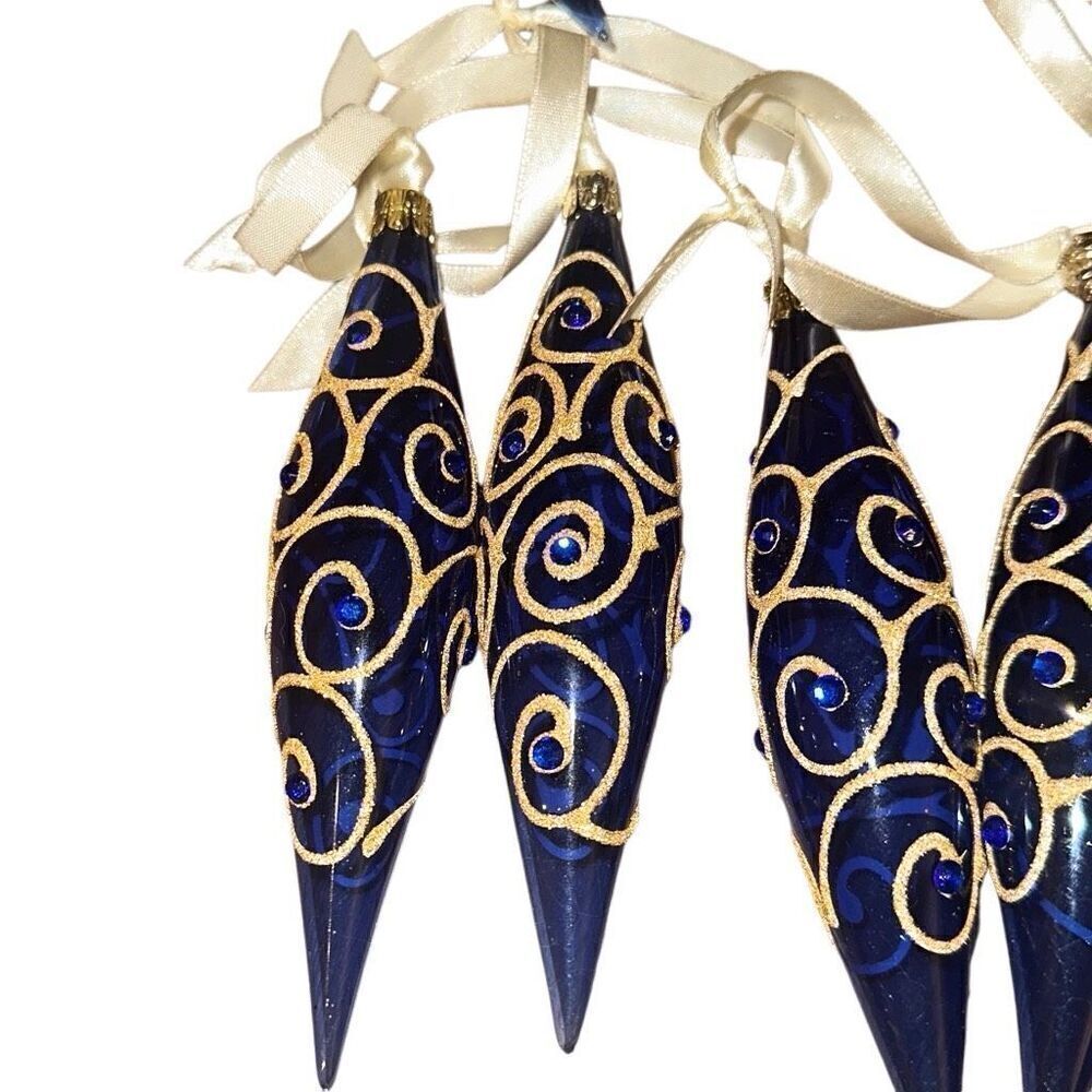 13 Blue Gold Glitter Hand Blown Glass Teardrop Hanging Christmas Ornament